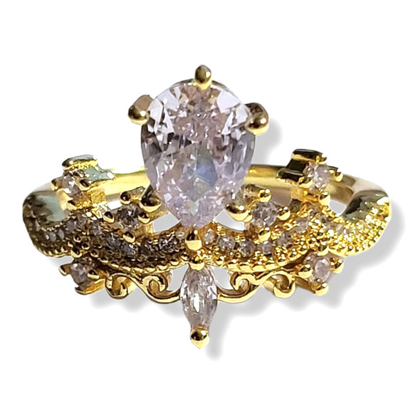 18KYG Plated Brass .97cttw Simulated Pear and Round Diamond Crown Ring Size 7 - Picture 1 of 5